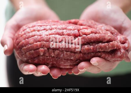 Es gibt viel frisches rotes fette Hackfleisch in den weiblichen Händen Stockfoto