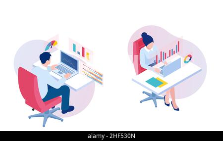 Vektor eines Mannes und einer Frau, die am Laptop-Computer arbeiten und mit Grafiken interagieren, die Finanzdaten analysieren Stock Vektor