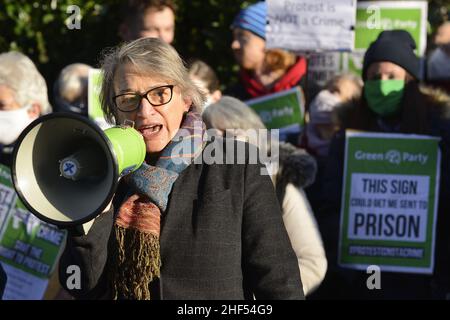 Natalie Bennett / Baroness Bennett von Manor Castle bei einem Protest der Grünen in Westminster gegen das Polizeigesetz, das durch das Parlament läuft und P begrenzt Stockfoto