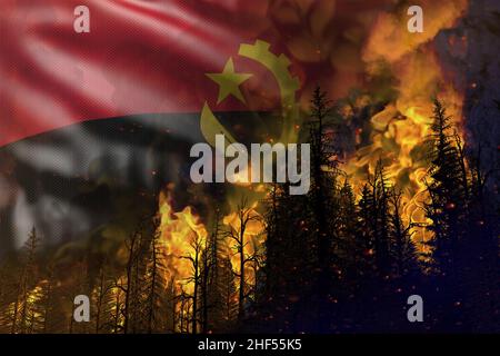 Waldbrandbekämpfungskonzept, Naturkatastrophe - flammendes Feuer im Wald auf Angola-Flagge Hintergrund - 3D Darstellung der Natur Stockfoto