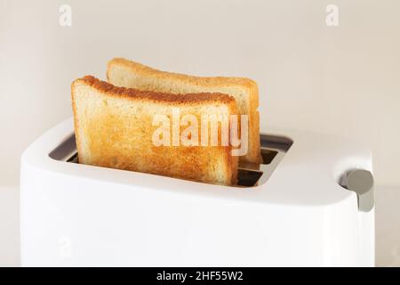 In Scheiben geschnittenes, heiß geröstetes Toastbrot im modernen weißen Toaster auf dem Küchentisch in Nahaufnahme Stockfoto