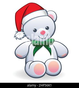 Niedliche kuschelig weißen Teddybär mit weihnachtsmann Hut und grüne Schleife sitzende Vektor isoliert auf weißem Hintergrund Stock Vektor
