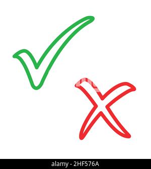 Klassische stilvolle grüne Häkchen-Markierung und rote Kreuzmarkierung Kontursatz isoliert auf weißem Hintergrund Vektorset isoliert auf weißem Hintergrund Stock Vektor