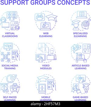 Symbole für das Konzept der eLearning-Plattform und -Technik mit blauem Farbverlauf Stock Vektor