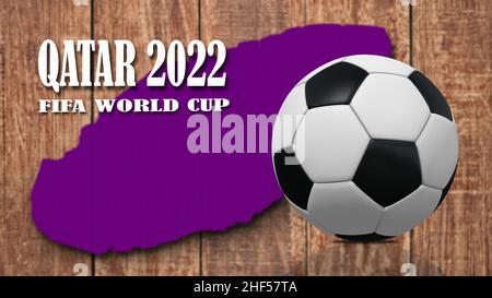 Katar 2022 - FIFA WM, verschwommene Karte von Katar, realistischer Fußball, Holzhintergrund Stockfoto