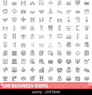 100 Business-Icons gesetzt. Skizzieren Sie die Darstellung von 100 Geschäftssymbolen, die auf weißem Hintergrund isoliert sind Stock Vektor