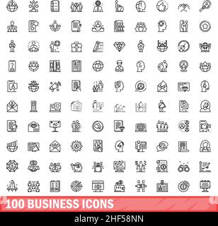 100 Business-Icons gesetzt. Skizzieren Sie die Darstellung von 100 Geschäftssymbolen, die auf weißem Hintergrund isoliert sind Stock Vektor