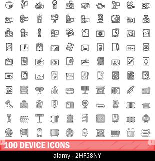 100 Gerätesymbole eingestellt. Skizzieren Sie die Darstellung von 100 Gerätesymbolen, die auf weißem Hintergrund isoliert sind Stock Vektor