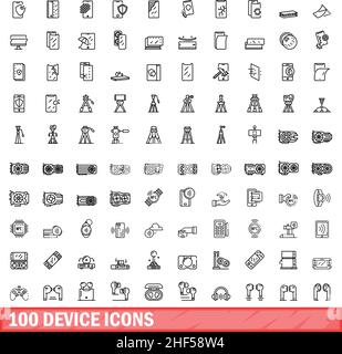 100 Gerätesymbole eingestellt. Skizzieren Sie die Darstellung von 100 Gerätesymbolen, die auf weißem Hintergrund isoliert sind Stock Vektor