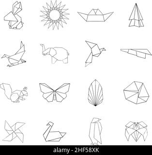 Origami setzt Symbole im Umrissstil isoliert auf weißem Hintergrund Stock Vektor