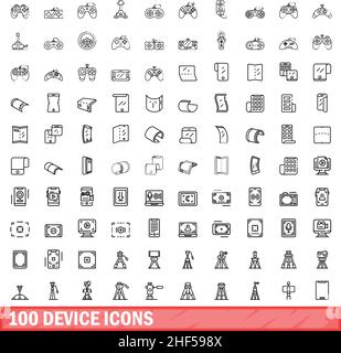 100 Gerätesymbole eingestellt. Skizzieren Sie die Darstellung von 100 Gerätesymbolen, die auf weißem Hintergrund isoliert sind Stock Vektor