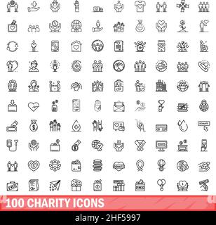 100 Charity-Symbole eingestellt. Skizzieren Sie die Darstellung von 100 karitativen Symbolen, die auf weißem Hintergrund isoliert sind Stock Vektor