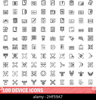 100 Gerätesymbole eingestellt. Skizzieren Sie die Darstellung von 100 Gerätesymbolen, die auf weißem Hintergrund isoliert sind Stock Vektor