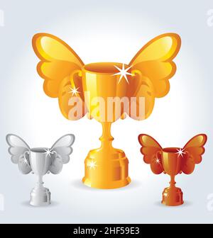 Klassisches Gold Silber und Bronze hoch Stamm Trophäe mit Flügeln und Griffe Vektor isoliert Stock Vektor