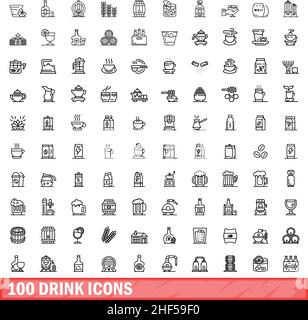 100 Symbole für Getränke eingestellt. Skizzieren Sie die Darstellung von 100 Symbolen für Getränke, die auf weißem Hintergrund isoliert sind Stock Vektor