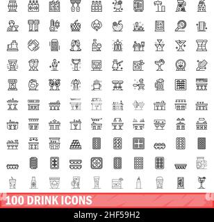 100 Symbole für Getränke eingestellt. Skizzieren Sie die Darstellung von 100 Symbolen für Getränke, die auf weißem Hintergrund isoliert sind Stock Vektor