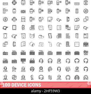 100 Gerätesymbole eingestellt. Skizzieren Sie die Darstellung von 100 Gerätesymbolen, die auf weißem Hintergrund isoliert sind Stock Vektor