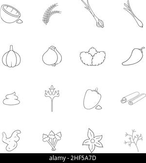 Gewürzset-Symbole im Umrissstil isoliert auf weißem Hintergrund Stock Vektor