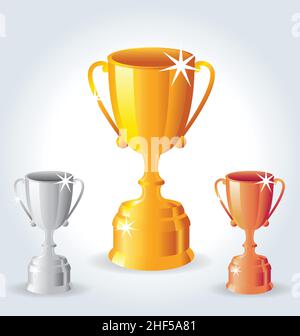 Klassisches Gold Silber und Bronze hoch Stamm Trophäe Set mit Griffen Vektor isoliert Stock Vektor