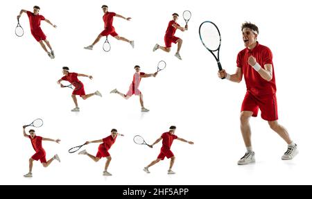 Porträts von jungen Mann, professionelle Tennisspieler Training isoliert auf weißem Hintergrund. Collage Stockfoto