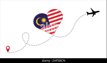Flugstrecke mit Malaysia-Flagge im Herzen. Reisen Sie in Ihr Lieblingsland. Stock Vektor