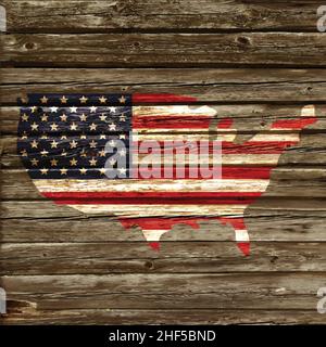 usa amerikanische Flagge Karte auf alten rustikalen Holz Wand Vektor Hintergrund gemalt Stock Vektor