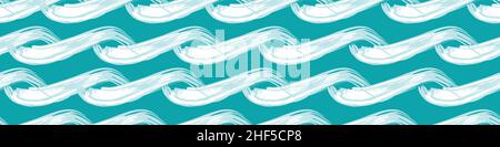 Ozeanwellen vektoren nahtlose Grenze. Handgezeichnet gemalte Pinselstriche horizontale Meereswellen-Banner. Abstrakt stilisierte marine Wiederholung Band trimmen Web. Für Stock Vektor