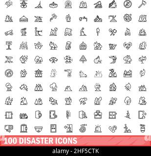 100 Notfallsymbole eingestellt. Skizzieren Sie die Darstellung von 100 Katastrophensymbolen, die auf weißem Hintergrund isoliert sind Stock Vektor