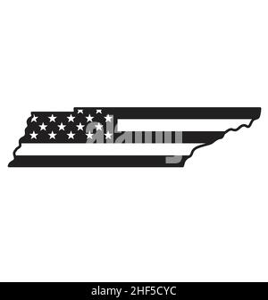 Tennessee TN Kartenform mit USA Flagge der Vereinigten Staaten von Amerika schwarz-weiß Vektor isoliert auf weißem Hintergrund Stock Vektor