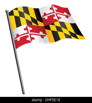 Präzise korrekte maryland md-Staatsflagge, die auf einem Fahnenmast-Vektor winkt und auf weißem Hintergrund isoliert ist Stock Vektor