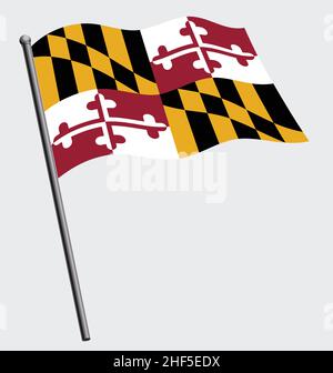 Präzise korrekte maryland md-Staatsflagge, die auf Fahnenmast-Vektorgrafik winkt Stock Vektor