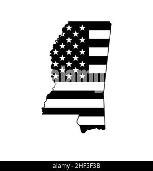 mississippi MS State map Form mit USA vereinigte Staaten von amerika Flagge schwarz und weiß Stock Vektor