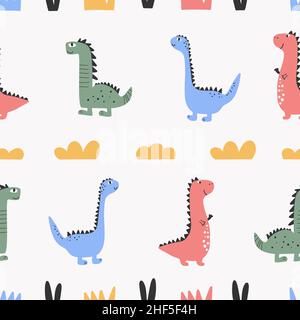 Niedliches Dinosaurier-Muster - handgezeichnetes, kindliches Dinosaurier-Nahtloses Muster-Design Stock Vektor