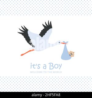 Kleiner Junge Begrüßungsgrußkarte mit Storch zur Geburt Stock Vektor