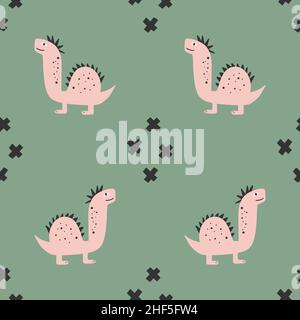 Niedliches Dinosaurier-Muster - handgezeichnetes, kindliches Dinosaurier-Nahtloses Muster-Design Stock Vektor
