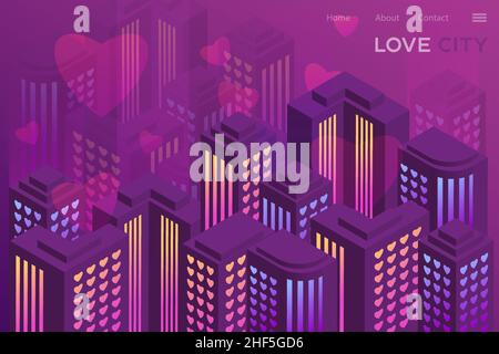 Stadt der Liebe - neon isometrische Illustration. Design für Website, Anwendung. Moderner isometrischer Stil. Liebeskonzept, valentinstag Stock Vektor