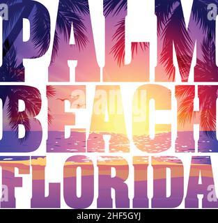 Palm Beach Florida Text mit Abend lila rosa Strand Sonnenuntergang Bild innerhalb Text T-Shirt Grafik Design isoalted auf weißem Hintergrund Stock Vektor