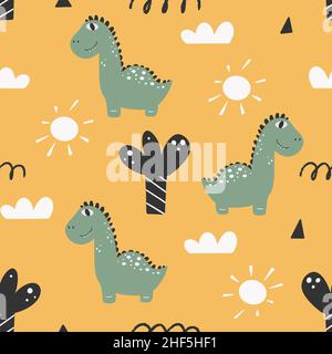 Niedliches Dinosaurier-Muster - handgezeichnetes, kindliches Dinosaurier-Nahtloses Muster-Design Stock Vektor