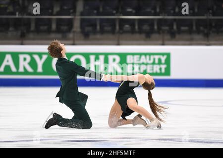 Tallinn, Estland. 14th Januar 2022. Tallinn, Estland. Jan 14 2021: Mariia HOLUBTSOVA & Kyryl BIELOBROV (UKR), während des Ice Dance Rhythm Dance, bei den ISU European Figure Skating Championships 2022, in der Tondiraba Ice Hall, am 14. Januar 2022 in Tallinn, Estland. Kredit: Raniero Corbelletti/AFLO/Alamy Live Nachrichten Gutschrift: Aflo Co. Ltd./Alamy Live Nachrichten Stockfoto