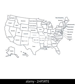 Akkurate korrekte us-Karte umrissene Staaten beschriftet kommentierte politische Wahlen Infografik Kartenvektor isoliert auf weißem Hintergrund Stock Vektor