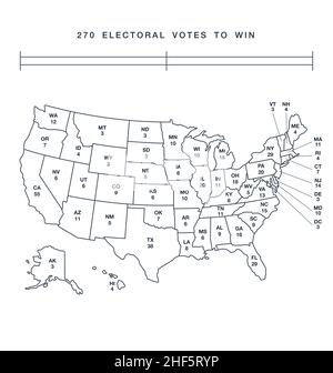 Genaue korrekte vereinfachte usa Wahl College-Karte mit getrennten Staaten Codes 270 zu gewinnen Vektor isoliert auf weißem Hintergrund Stock Vektor