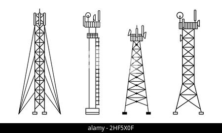 Vektor-Set von Illustrationen von verschiedenen Konstruktionen von Zelltürmen. 5G, 4G Signalverteilung. Das Internet. Moderne Technologien. Gliederung Stock Vektor