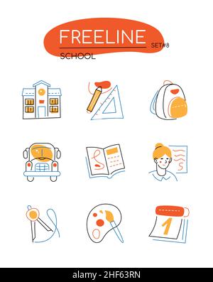 Schule - Moderne Linie Design Stil Symbole in orange Farbe gesetzt. Bau, Rucksack, Bleistifte und Lineale, Bus, Studenten, Lehrer, Zeichnungselemente, Kalender, Stock Vektor