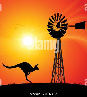 australische Wasserpumpe Windpumpe Metall Windmühle und springen Känguru Silhouette vor Sonnenuntergang Hintergrund Vektor-Illustration Stock Vektor