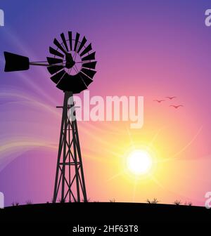 australian Wasserpumpe Windpumpe Metall Windmühle Silhouette vor Sonnenuntergang Hintergrund Vektor-Illustration Stock Vektor