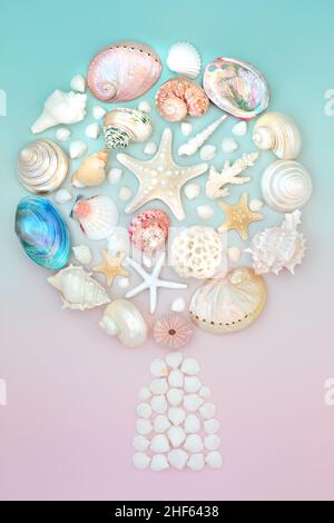 Abstrakte Muschelbaum-Konzept-Form mit großer Sammlung von Muschelschalen auf pastellrosa und blauem Hintergrund. Surreale Natur konzeptuelles Symbol. Draufsicht Stockfoto