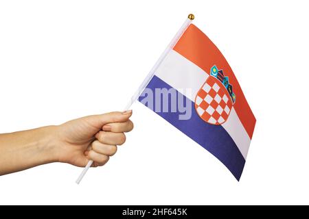 Hand hält kroatische Flagge isoliert auf weißem Hintergrund, Vorlage für Designer Stockfoto