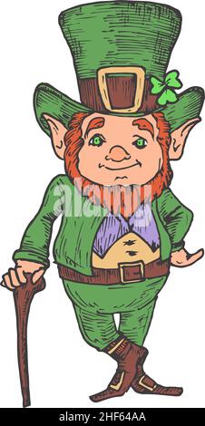 Handgezeichnete Saint Patricks Day Farbe Vektor Illustration. Leprechaun in einer abstrakten Skizze mit Hut. Irish Holiday Engraving Style Zeichnung Isoliert Stock Vektor