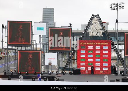 Dschidda, Saudi-Arabien. 14th Januar 2022. Podestillustration während des Podiumsplatums der Rallye Dakar 2022 am 14th 2022. Januar in Jeddah, Saudi-Arabien - Foto: Julien Delfosse/DPPI/LiveMedia Kredit: Unabhängige Fotoagentur/Alamy Live News Stockfoto