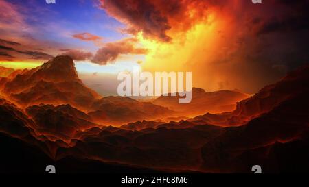 Unwirklich schöner Sonnenuntergang über den Bergen mit einem sehr schönen Himmel. 3D Abbildung Stockfoto
